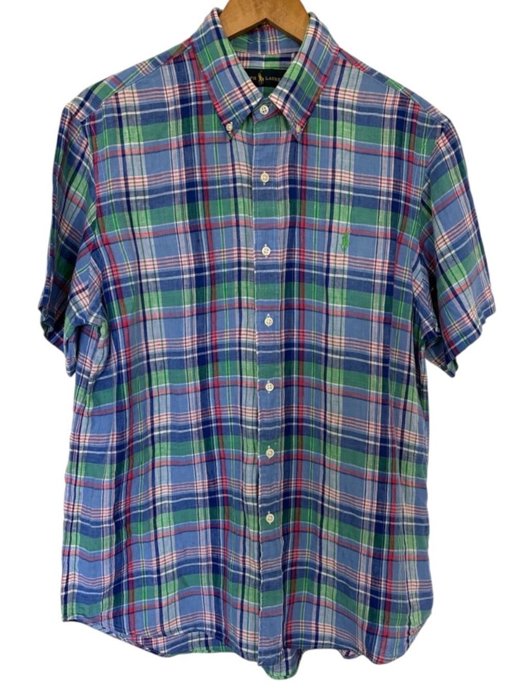 🔴 Polo Ralph Lauren Men’s 100% Linen Plaid Short Sleeve Shirt Blue Green Large